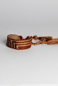 Cotton lurex geometric pattern bracelet with handmade details terracotta -tan gold