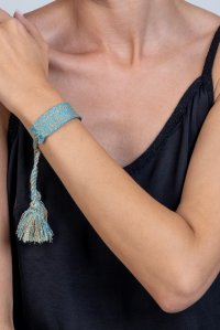 Cotton lurex bracelet with handmade details teal