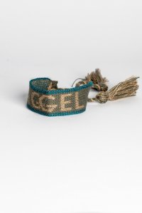 Cotton lurex logo bracelet with handmade details khaki -tan gold -petrol