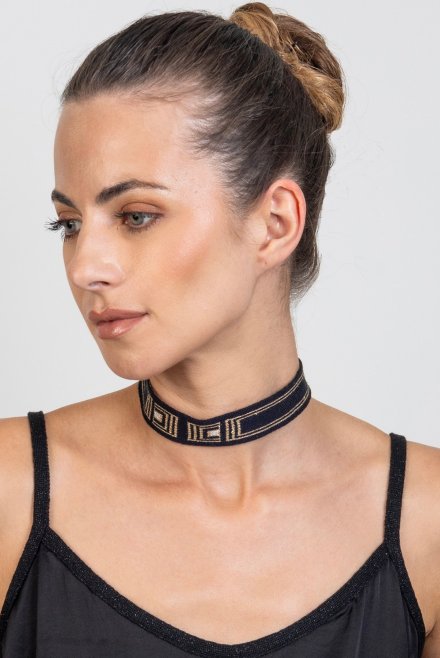 Cotton lurex three tone chocker with handmade details black -tan gold -beige gold