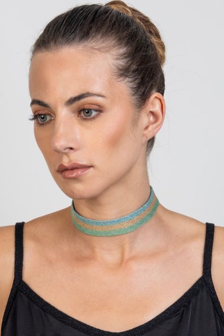 Lurex multicolored choker with handmade details teal -mint -tan gold