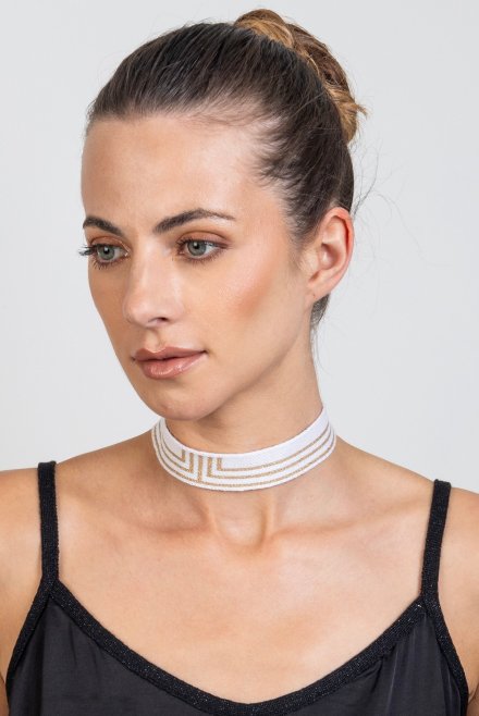 Cotton lurex geometric pattern choker with handmade details white -tan gold