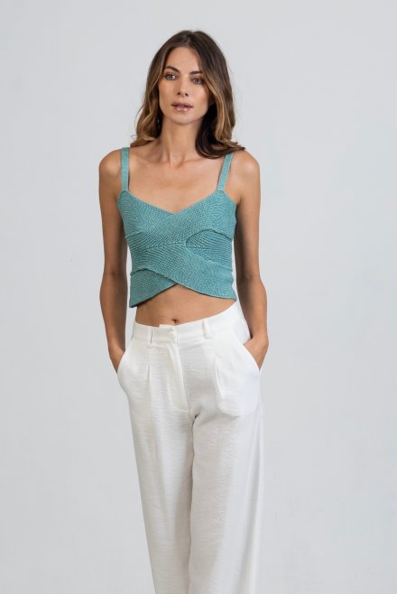 Cotton-lurex ribbed cropped top teal