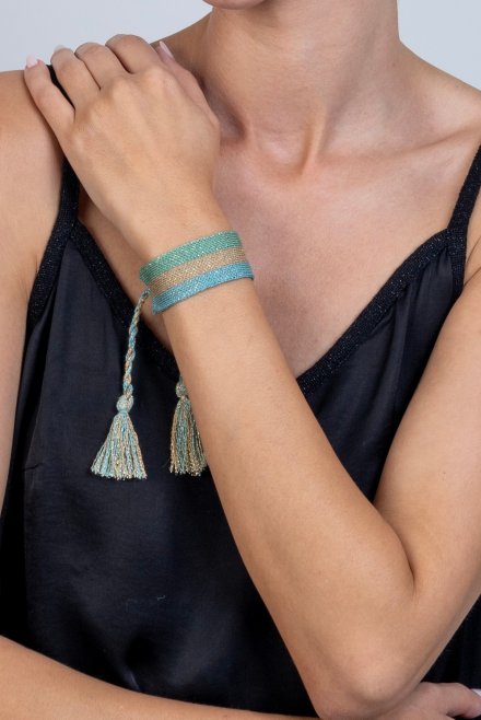 Lurex multicolored bracelet with handmade details teal -mint -tan gold