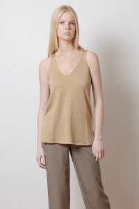 Lurex v-neck sleevless basic top tan gold