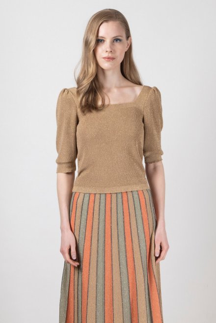 Lurex puffed sleeved top tan gold