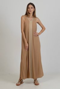 Crepe marocaine maxi dress with knitted details camel