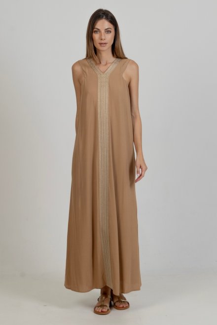 Κρεπ μαροκέν μάξι φόρεμα με πλεκτές λεπτομέρειες camel