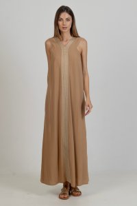 Crepe marocaine maxi dress with knitted details camel