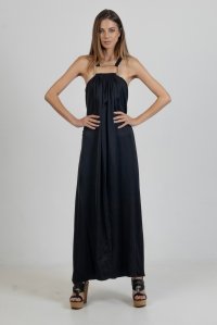 Satin maxi sleeveless dress with handmade knitted details black