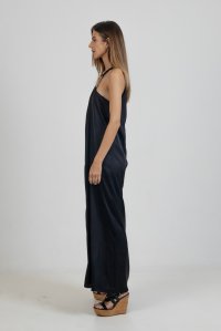 Satin maxi sleeveless dress with handmade knitted details black