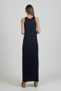 Satin maxi sleeveless dress with handmade knitted details black