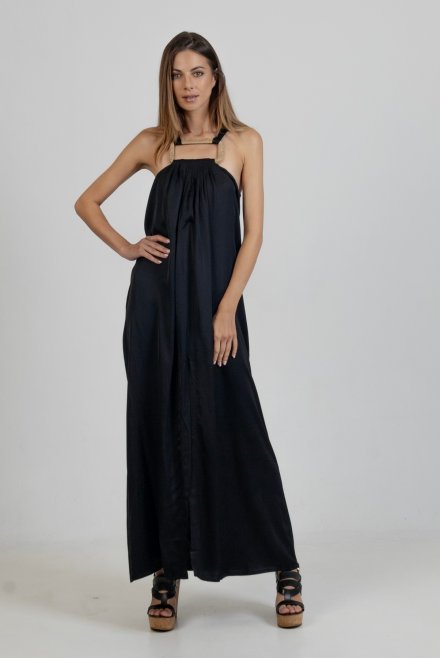 Satin maxi sleeveless dress with handmade knitted details black