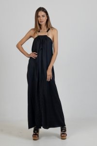 Satin maxi sleeveless dress with handmade knitted details black