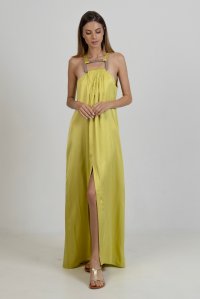 Satin maxi sleeveless dress with handmade knitted details lime