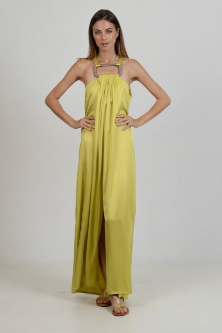 Satin maxi sleeveless dress with handmade knitted details lime