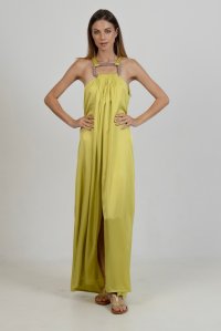 Satin maxi sleeveless dress with handmade knitted details lime