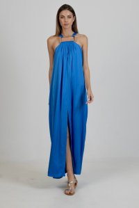 Satin maxi sleeveless dress with handmade knitted details royal blue