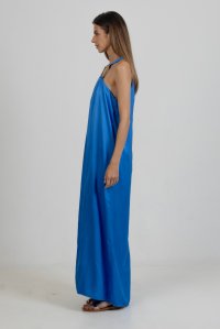 Satin maxi sleeveless dress with handmade knitted details royal blue