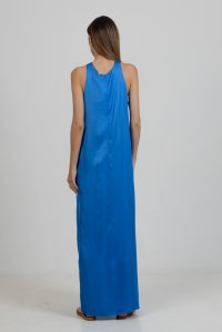 Satin maxi sleeveless dress with handmade knitted details royal blue