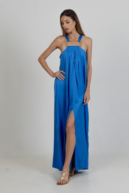 Σατέν μάξι αμάνικο φόρεμα με χειροποίητες πλεκτές λεπτομέρειες royal blue