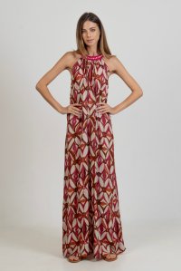 Viscose printed maxi dress with handmade knitted details multicolored fuchsia