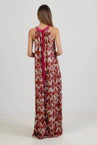 Viscose printed maxi dress with handmade knitted details multicolored fuchsia