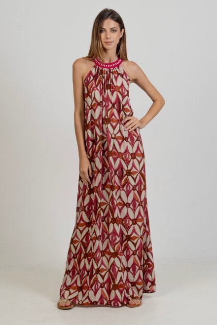 Viscose printed maxi dress with handmade knitted details multicolored fuchsia