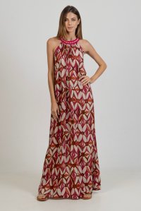 Viscose printed maxi dress with handmade knitted details multicolored fuchsia