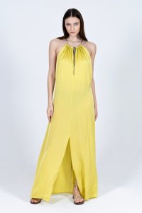 Satin maxi dress with knitted details lime