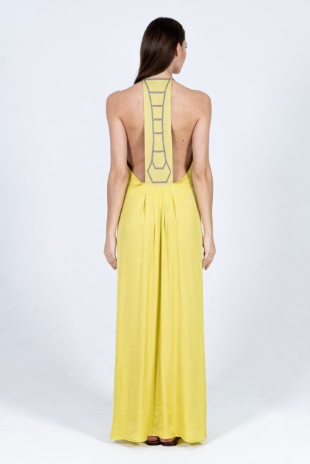 Satin maxi dress with knitted details lime