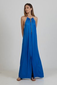 Satin maxi dress with knitted details royal blue