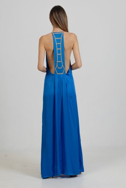Σατέν μάξι φόρεμα με πλεκτές λεπτομέρειες royal blue
