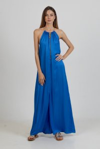 Satin maxi dress with knitted details royal blue