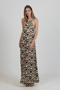 Satin printed maxi dress with knitted details black-ivory-gold