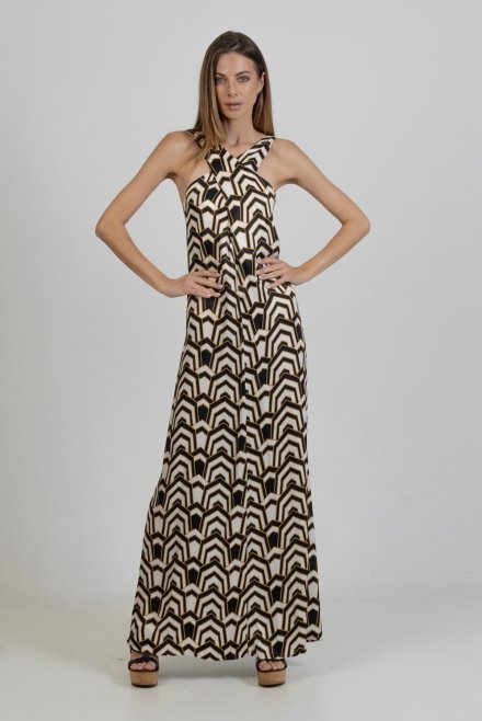 Satin printed maxi dress with knitted details black-ivory-gold