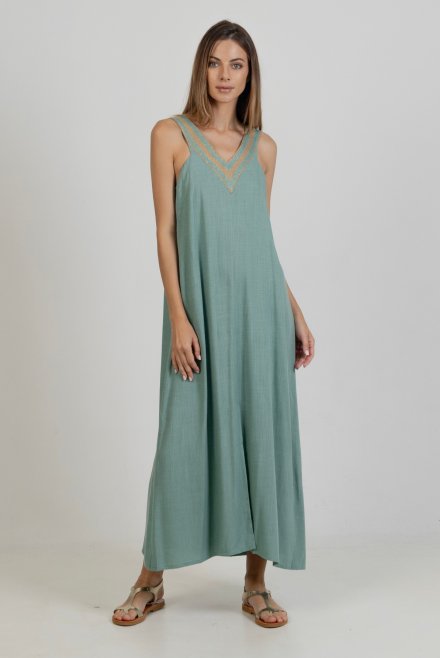 Linen blend maxi dress with knitted details teal