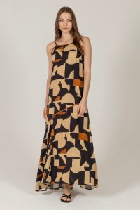 Linen blend printed maxi dress with knitted details black-rust