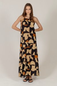 Linen blend printed maxi dress with knitted details black-rust