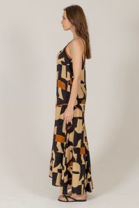 Linen blend printed maxi dress with knitted details black-rust