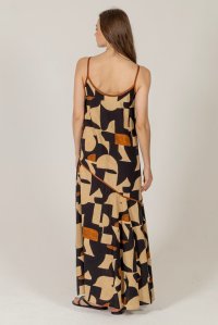 Linen blend printed maxi dress with knitted details black-rust