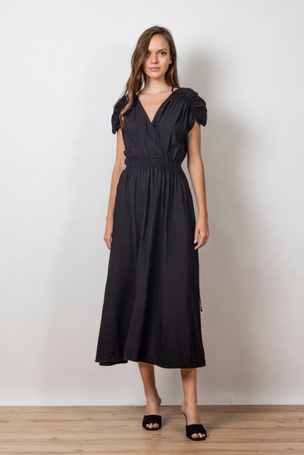 Μίντι φόρεμα με ελαστική μέση και πλεκτές λεπτομέρειες black