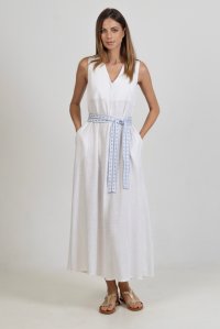 Linen blend  sleeveless midi dress with knitted details ivory