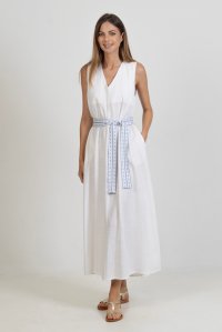 Linen blend  sleeveless midi dress with knitted details ivory