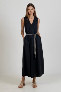 Linen blend  sleeveless midi dress with knitted details black