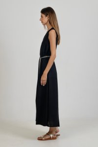 Linen blend  sleeveless midi dress with knitted details black