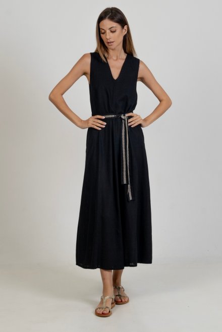 Linen blend  sleeveless midi dress with knitted details black