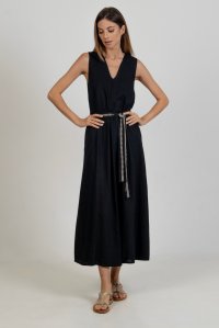 Linen blend  sleeveless midi dress with knitted details black