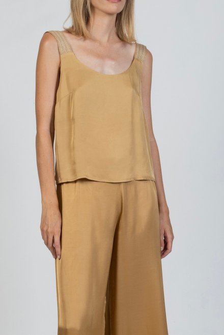 Satin tank top with knitted details gold