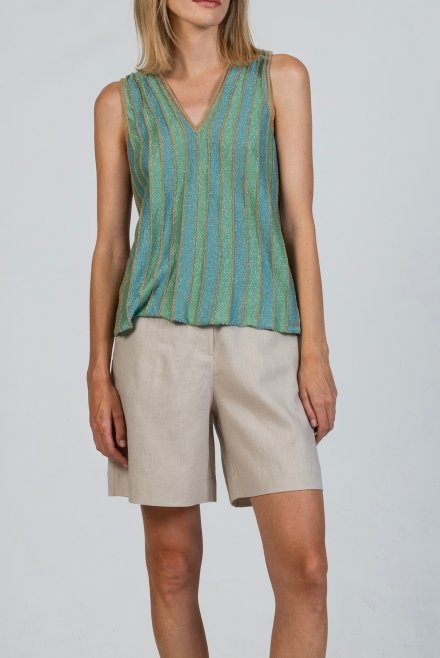 Lurex sleeveless v-neck top teal -mint -tan gold